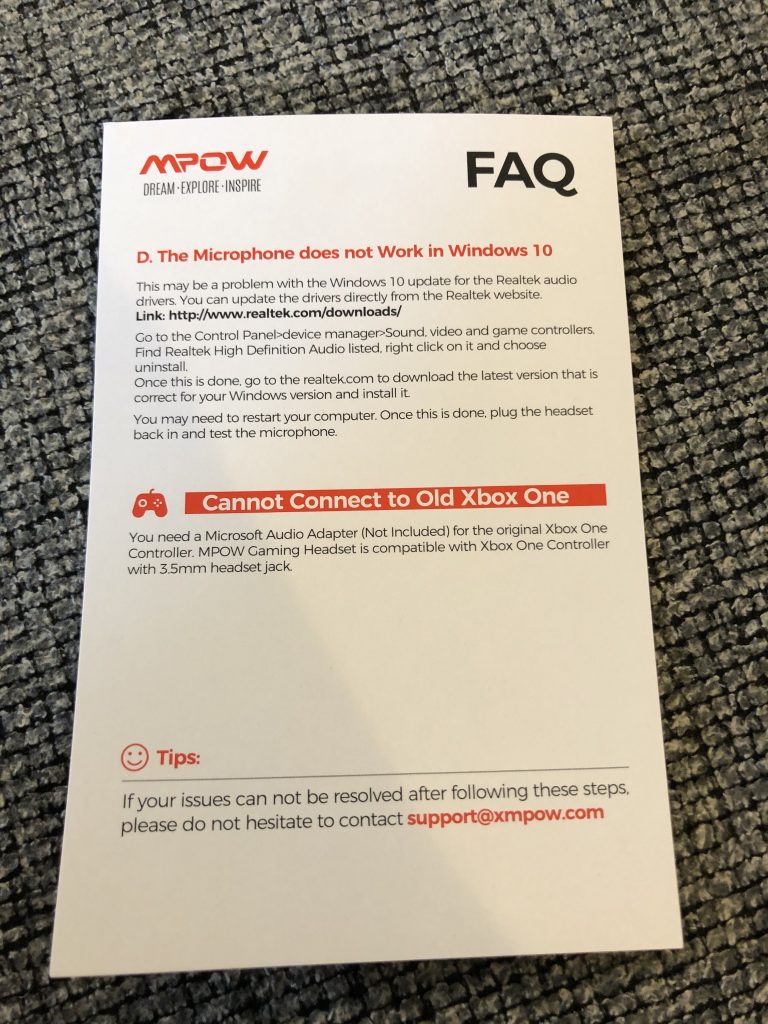 Mpow EG3 Pro Gaming Headset - Back of FAQ